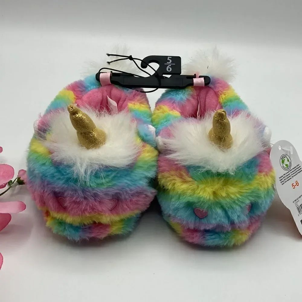 Toddler Baby Girls Plush Critter Unicorn Fuzzy Comfy Slippers Shoes Size 5/6